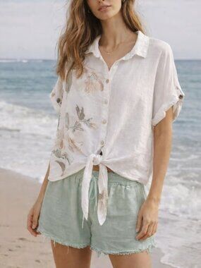 White Shell Button Shirt LARGE Tie Front Feminine